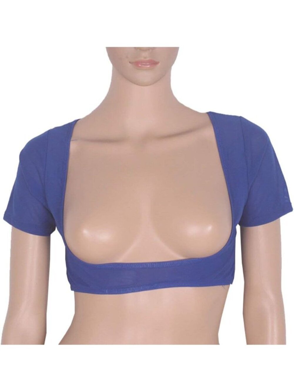 〽️Women's Bright Blue Mesh Open Bust Short Sleeve Spandex Belly Dance Crop Top